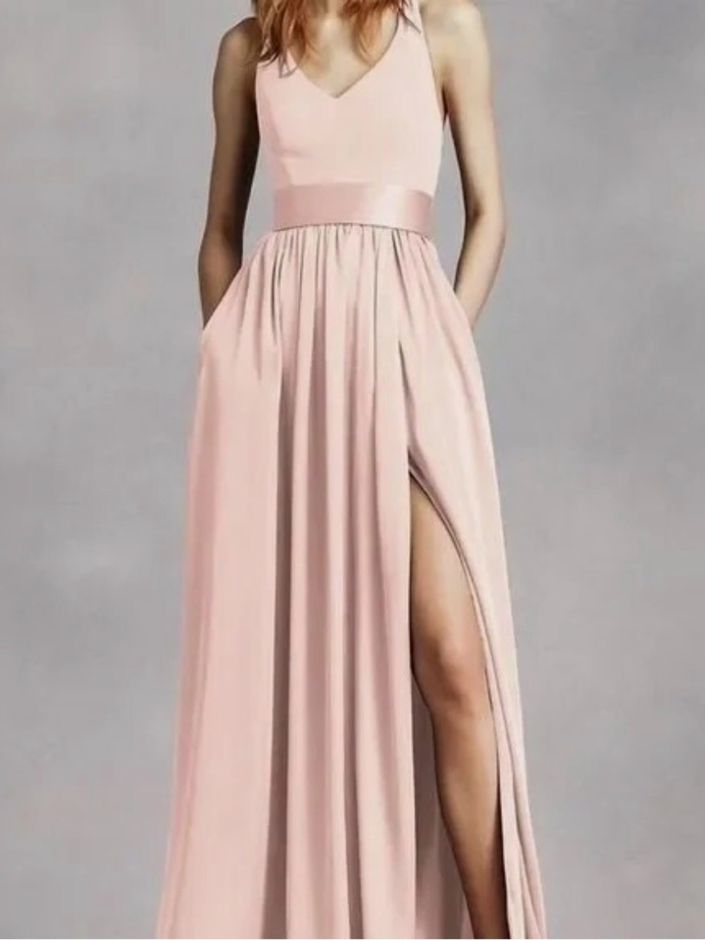 Vera Wang Pale Blush V-Neck Maxi Gown with High Slit